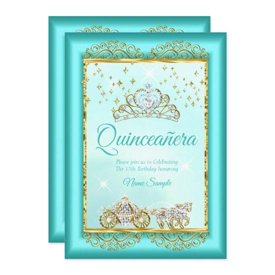 Princess Quinceañera Teal Blue Gold fairytale