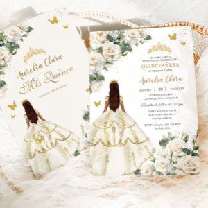 Princess Quinceañera White Ivory Roses Gold Dress