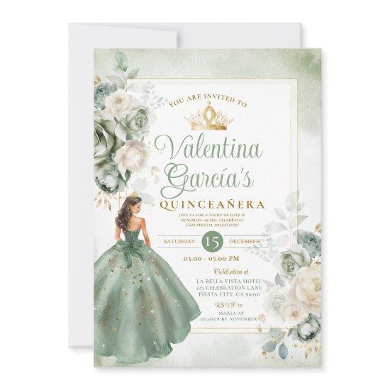 Princess Sage Green Quinceañera 15 Anos Gold Crown