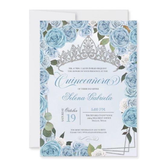 Princess Tiara Light Blue & White Rose Quinceanera