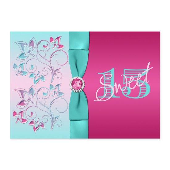 PRINTED BOW Pink, Aqua Floral Quinceanera Invite