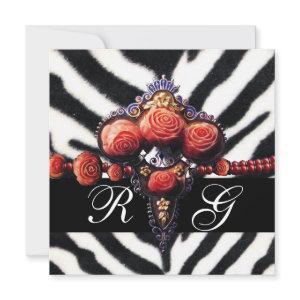 PRINTED RED CORAL ROSES , BLACK WHITE ZEBRA SKIN