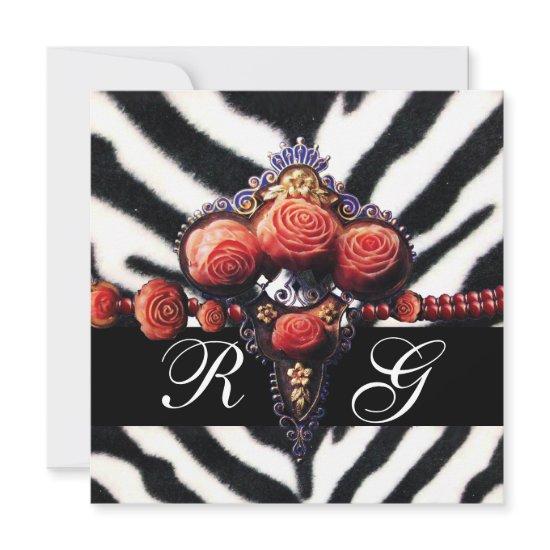 PRINTED RED CORAL ROSES , BLACK WHITE ZEBRA SKIN