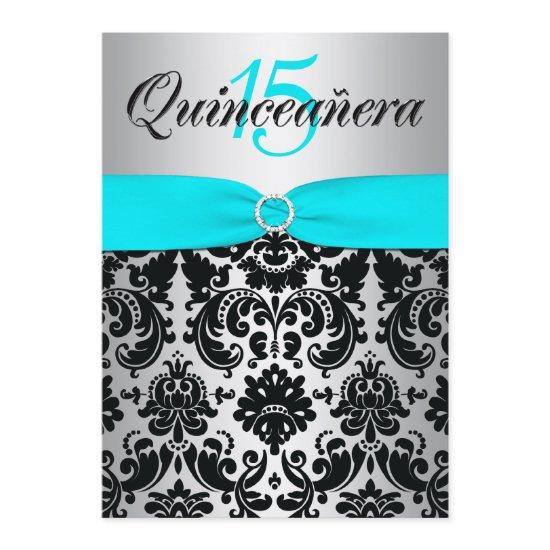 PRINTED RIBBON Aqua Silver Black Quinceanera