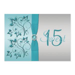 PRINTED RIBBON Aqua, Silver Quinceanera Invite