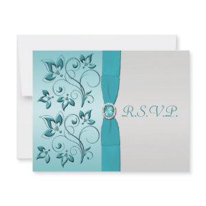 PRINTED RIBBON Aqua, Silver Quinceanera RSVP Card