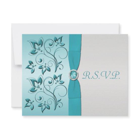 PRINTED RIBBON Aqua, Silver Quinceanera RSVP Card