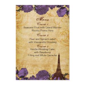 purp vintage eiffel tower Paris wedding menu cards