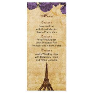 purp vintage eiffel tower Paris wedding menu cards