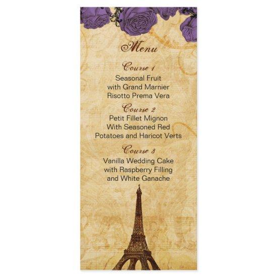 purp vintage eiffel tower Paris wedding menu cards