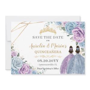 Purple and Blue Floral Twins Quinceanera Sweet 16 Save The Date