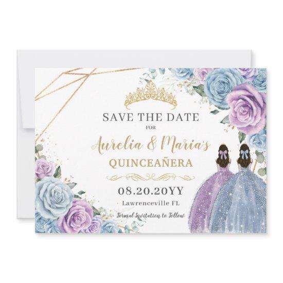 Purple and Blue Floral Twins Quinceanera Sweet 16 Save The Date