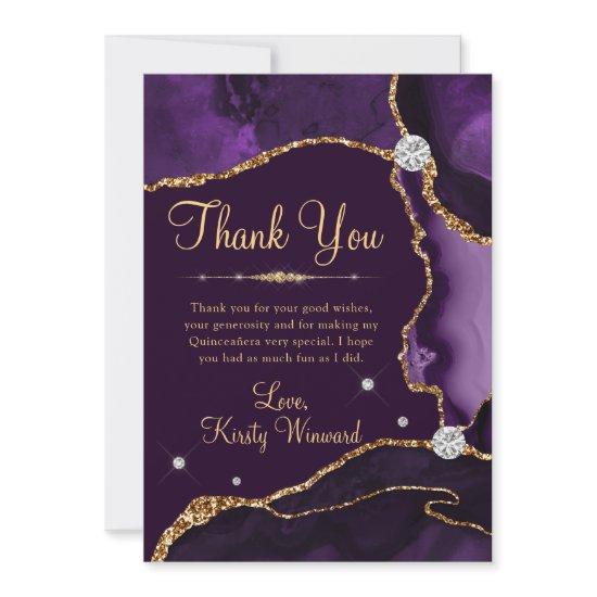 Purple and Gold Faux Glitter Agate Quinceanera Thank You Card
