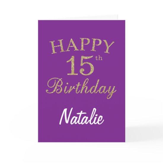 Purple and Gold Glitter 15th Birthday Card