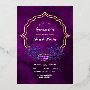 Purple and Gold Peacock Floral Quinceañera Foil
