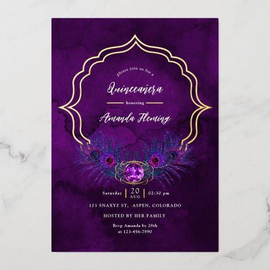 Purple and Gold Peacock Floral Quinceañera Foil