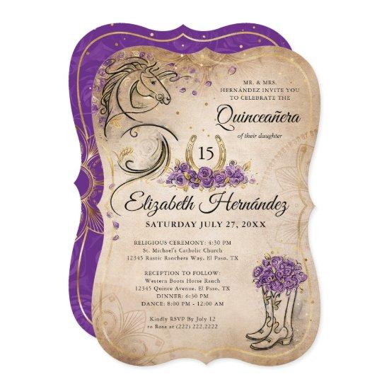 Purple and Gold Quinceañera Rustic Horse Birthday