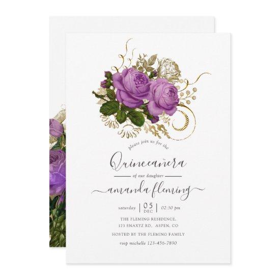 Purple and Gold Vintage Chic Floral Quinceañera