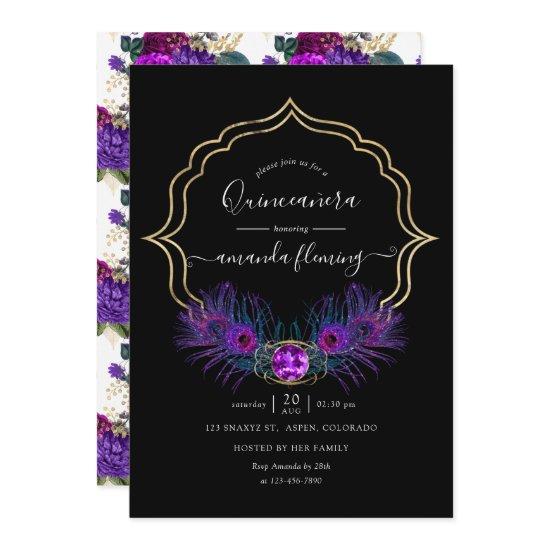 Purple and Gold Vintage Peacock Floral Quinceañera