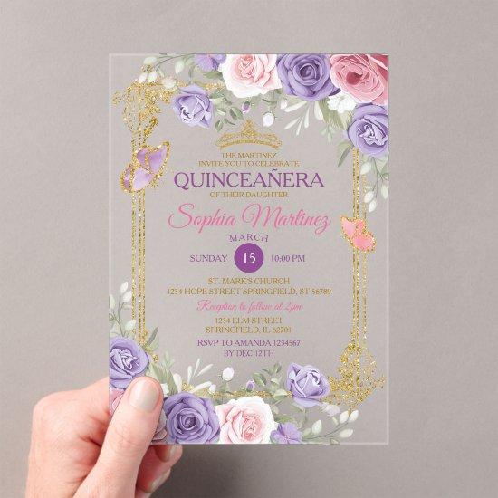 Purple And Pink Floral Gold Crown Girl Quinceañera Acrylic