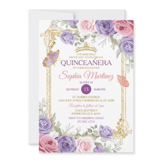 Purple And Pink Floral Gold Crown Girl Quinceañera