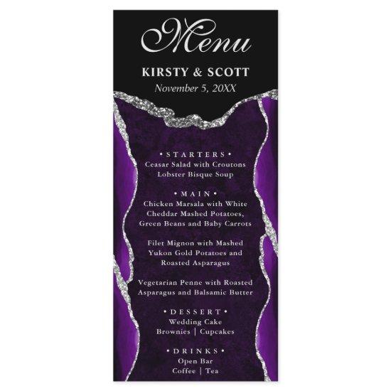 Purple and Silver Faux Glitter Agate Wedding Menu