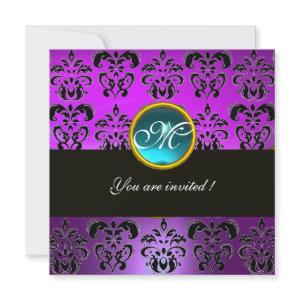 PURPLE BLACK  DAMASK MONOGRAM, blue aquamarine