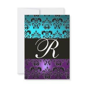 PURPLE BLACK DAMASK MONOGRAM RSVP ,blue turquase