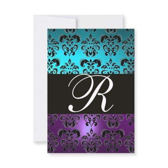 PURPLE BLACK DAMASK MONOGRAM RSVP ,blue turquase