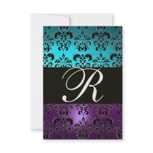 PURPLE BLACK DAMASK MONOGRAM RSVP ,blue turquase