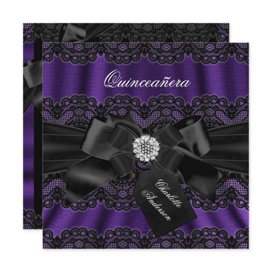 Purple Black Lace & Bow Quinceanera Party Invite