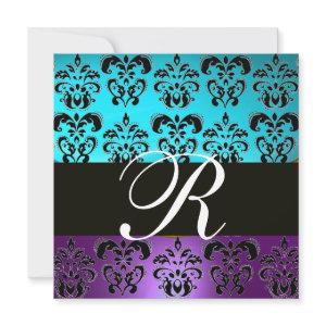 PURPLE BLACK TEAL BLUE TURQUOISE DAMASK MONOGRAM