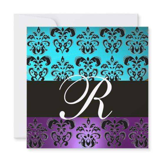 PURPLE BLACK TEAL BLUE TURQUOISE DAMASK MONOGRAM