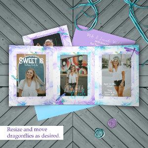 Purple, Blue, Aqua Dragonfly Sweet 16 Photo Spread Tri-Fold