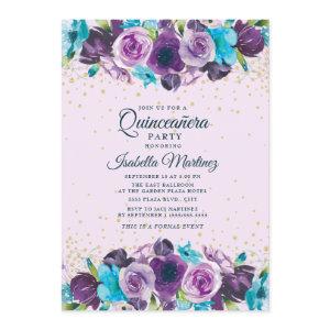 Purple Blue Floral Gold Glitter Quinceañera