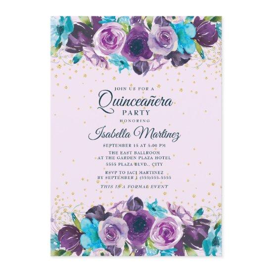 Purple Blue Floral Gold Glitter Quinceañera