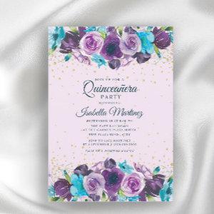Purple Blue Floral Gold Glitter Quinceañera