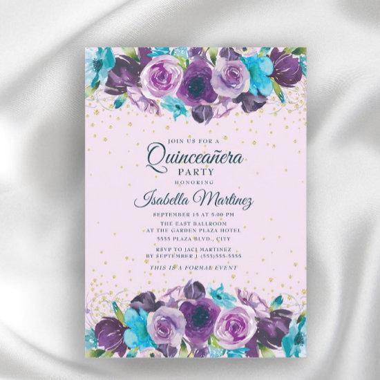 Purple Blue Floral Gold Glitter Quinceañera