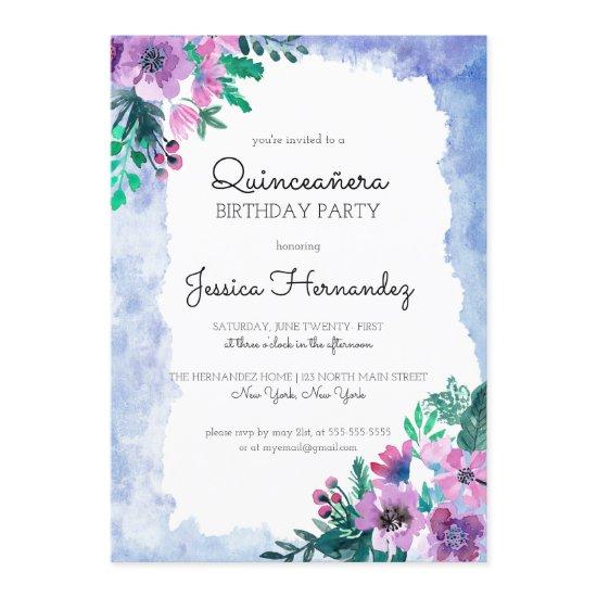 Purple Blue Floral Watercolor Quinceañera Birthday