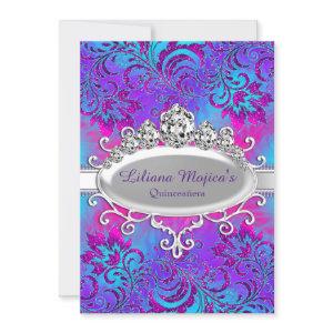 Purple Blue Tiara & Glitter Floral Quinceanera