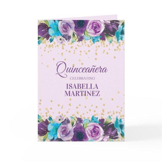 Purple Blue Watercolor Floral Quinceañera Photo Card