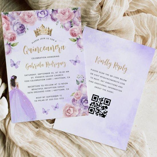 Purple Blush Floral Gold QR Code Quinceañera