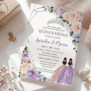 Purple Blush Floral Rose Twins Silver Quinceañera