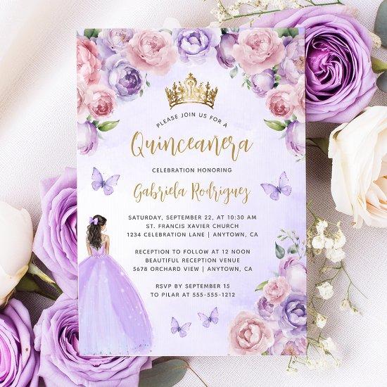 Purple Blush Gold Floral Watercolor Quinceañera