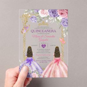Purple Butterfly Pink Floral Twin Gold Quinceañera Acrylic