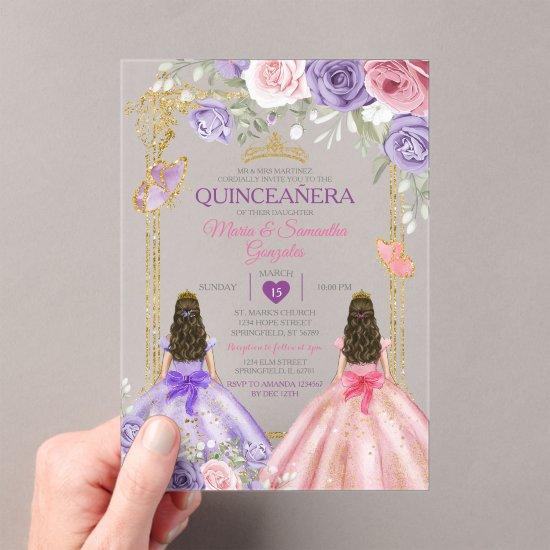 Purple Butterfly Pink Floral Twin Gold Quinceañera Acrylic