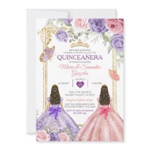 Purple Butterfly Pink Floral Twin Gold Quinceañera