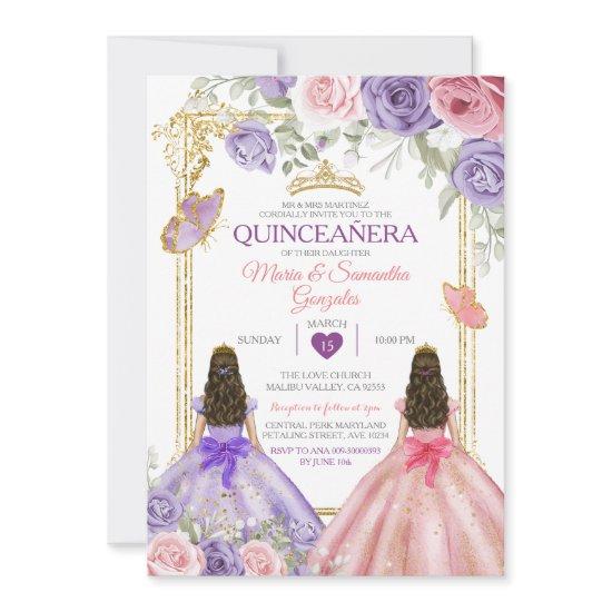 Purple Butterfly Pink Floral Twin Gold Quinceañera