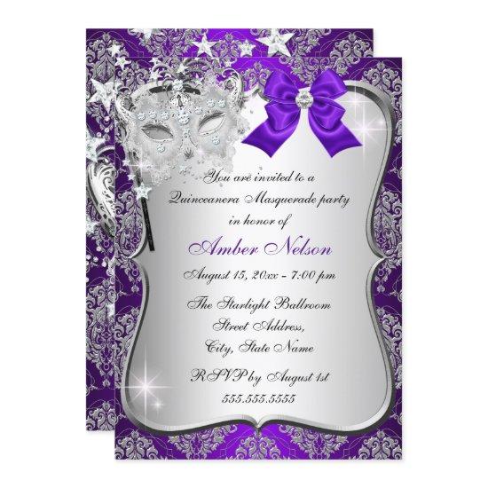 Purple Damask Mask Quinceanera Masquerade Invite