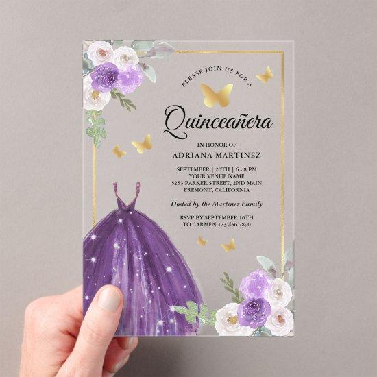 Purple Dress Floral Butterfly Gold Quinceanera Acrylic